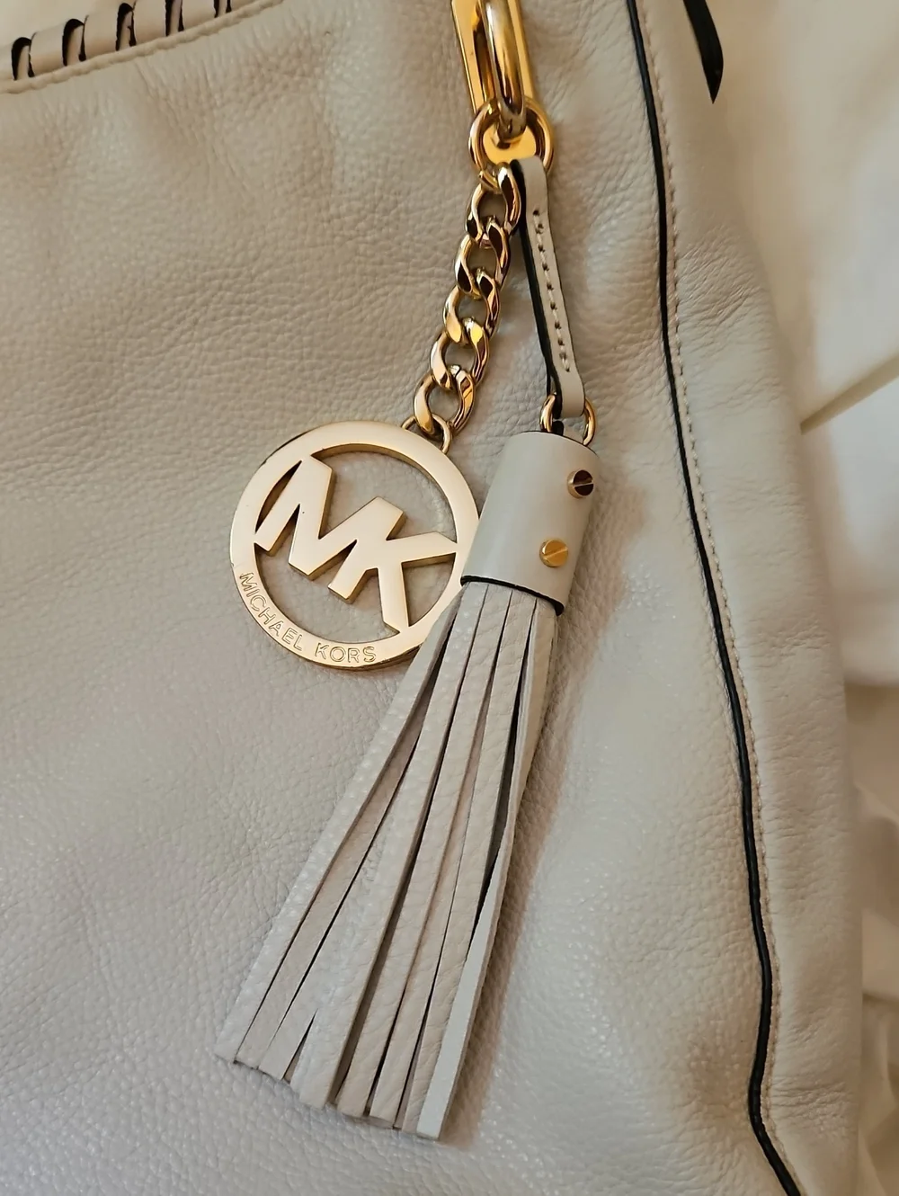 Michael Kors Cream Leather Hobo with Gold Logo Tassel